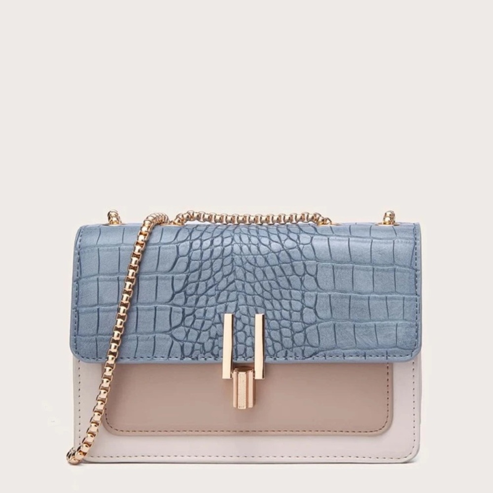 Elegant Blue and Cream Croc-Embossed Women's Bag